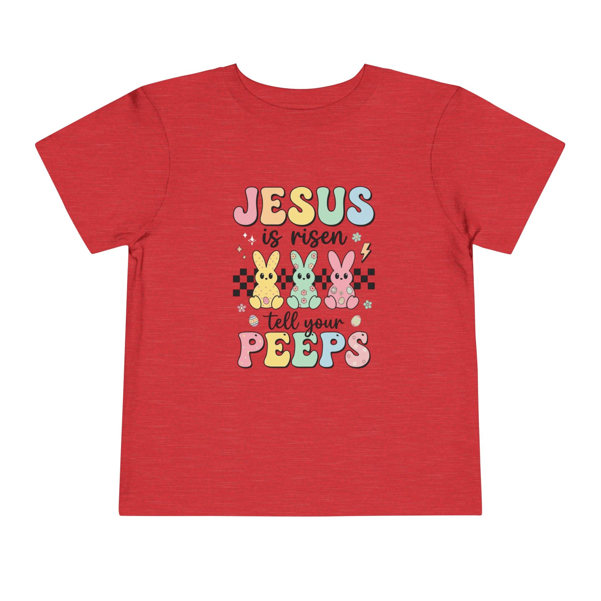 Red t-shirt with colorful Easter text and bunny graphics on a white background