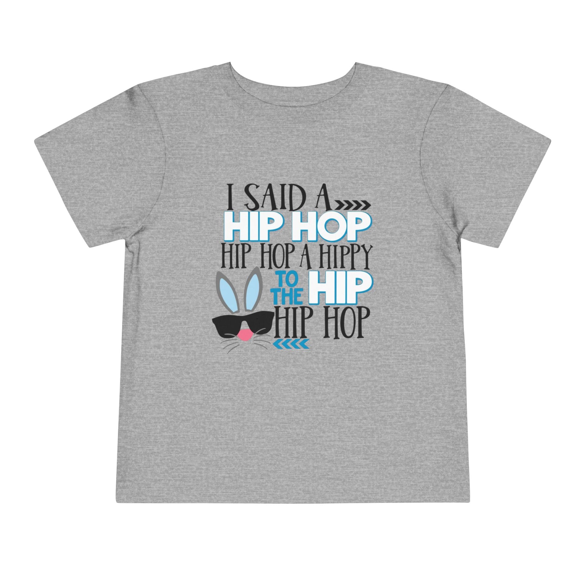 Gray t-shirt with colorful text and graphic design on a white background