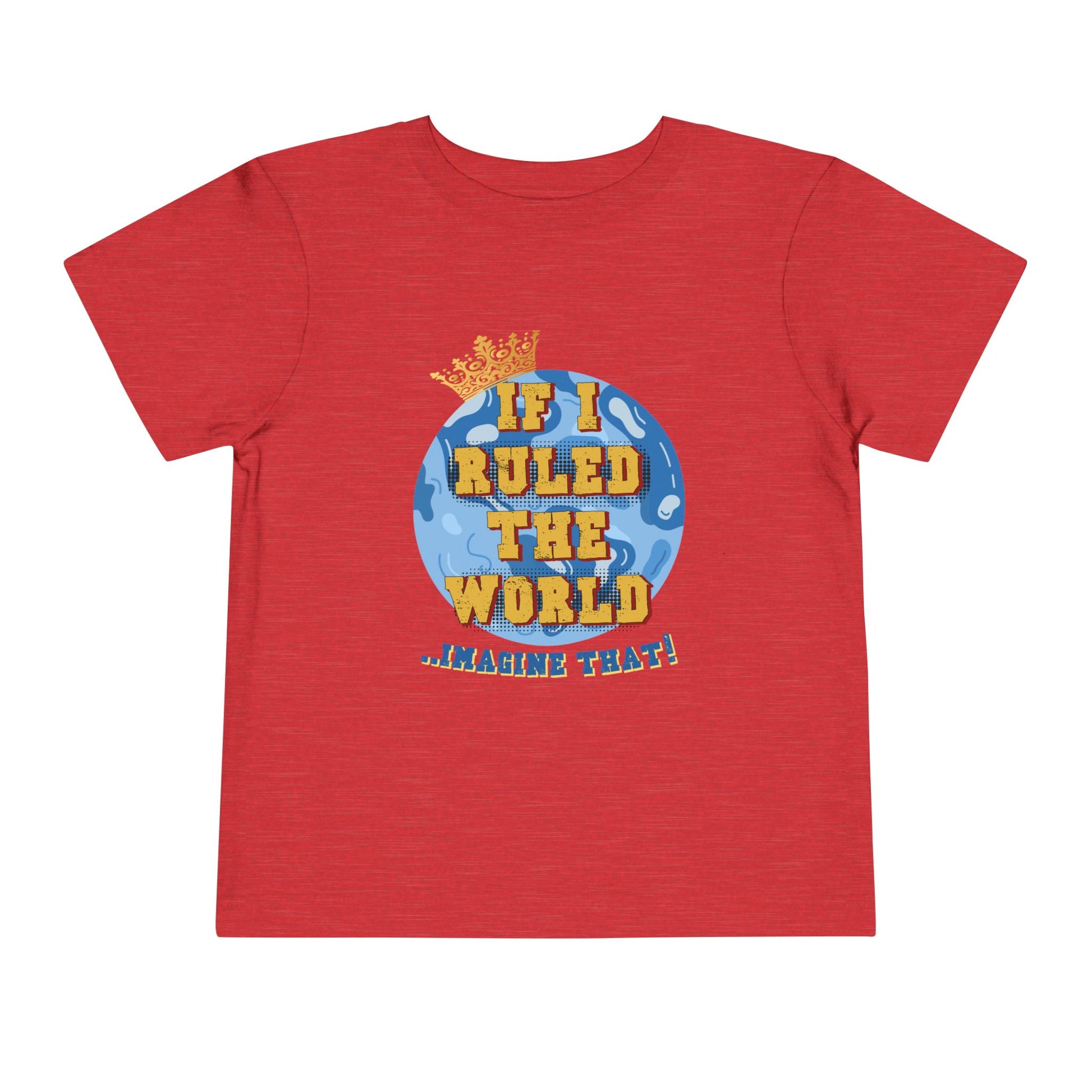 Red t-shirt with a colorful graphic and text on a white background