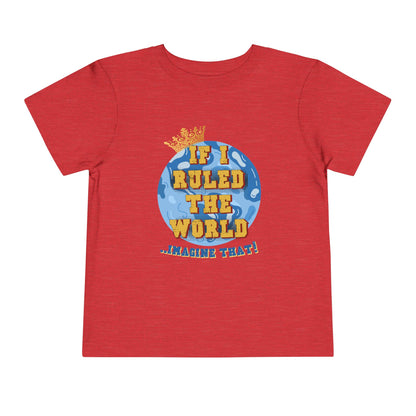 Red t-shirt with a colorful graphic and text on a white background