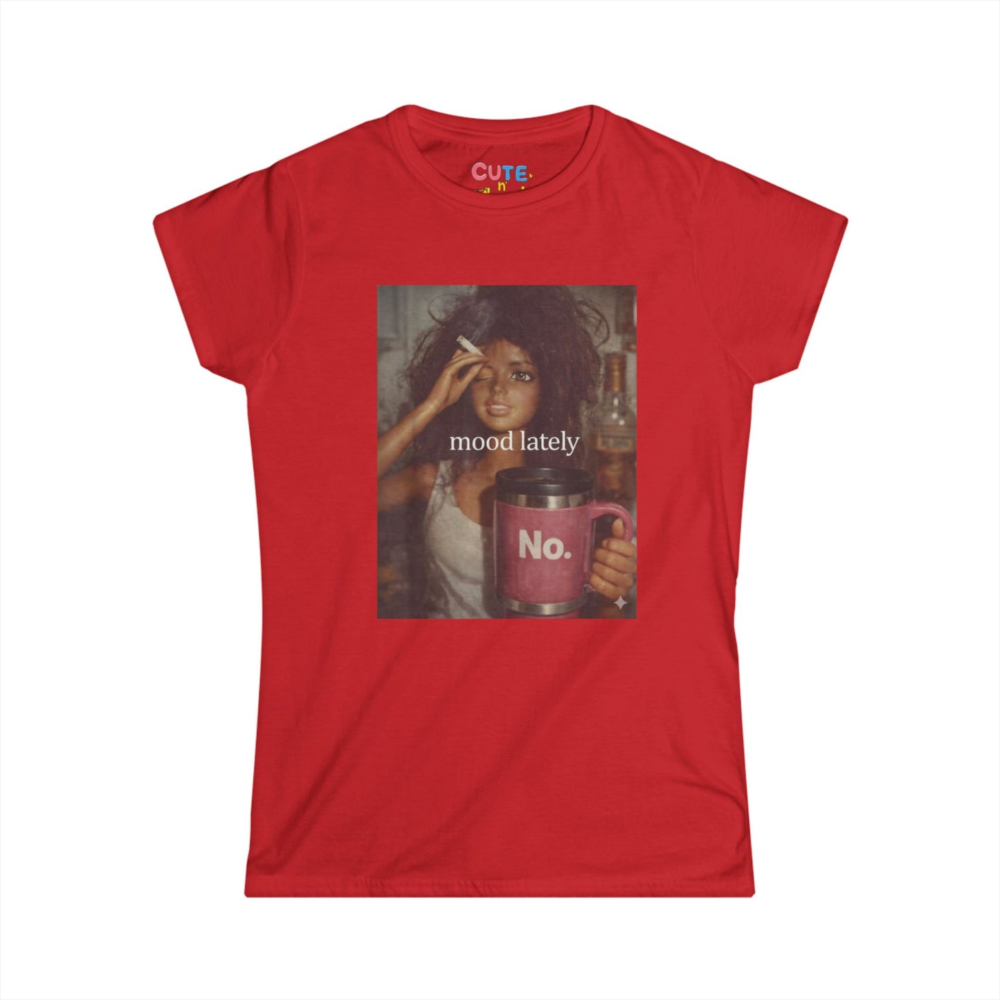 Red t-shirt with a graphic of a woman holding a mug and text 'mood lately No.' on a white background.