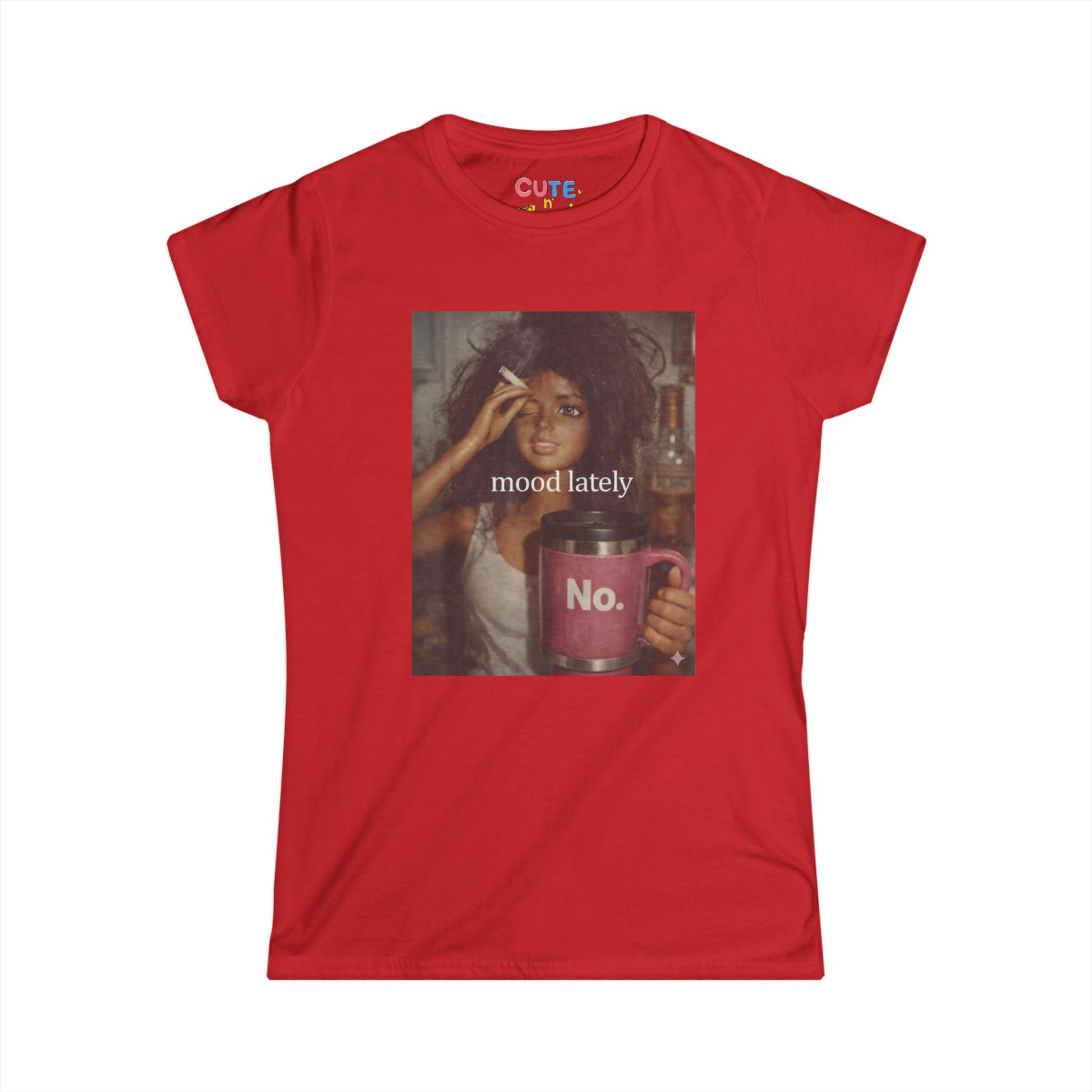 Red t-shirt with a graphic of a woman holding a mug and text 'mood lately No.' on a white background.
