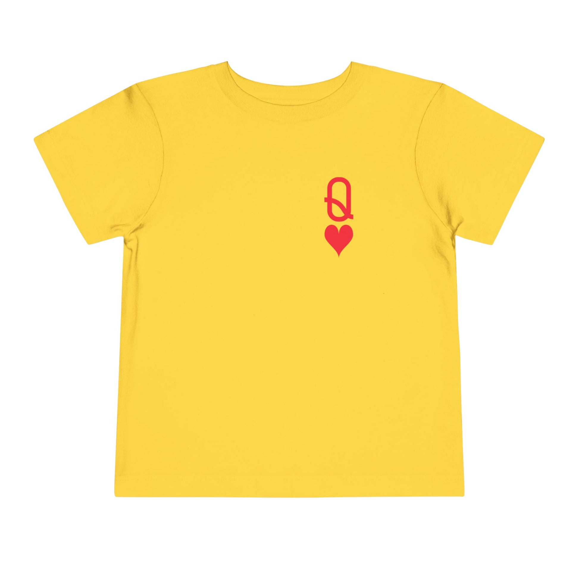 Yellow t-shirt with a red logo on a white background