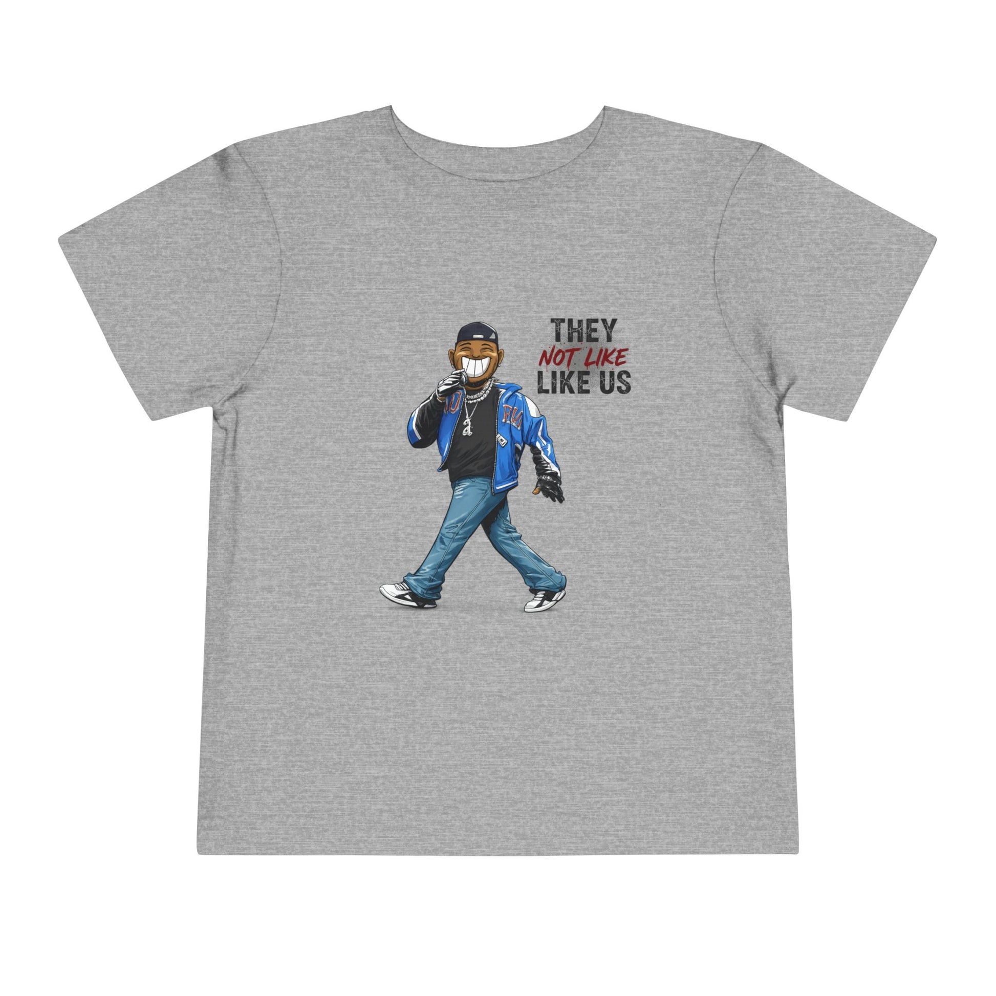 Gray t-shirt with a graphic of a person wearing a mask and text 'They Not Like Us' on a white background