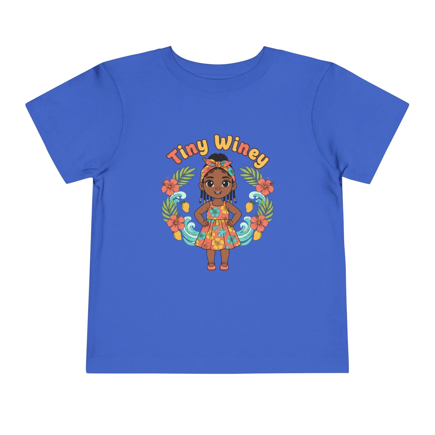 Blue t-shirt with a colorful graphic of a girl and 'Tiny Winey' text on a white background