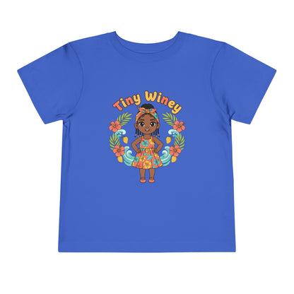 Blue t-shirt with a colorful graphic of a girl and 'Tiny Winey' text on a white background