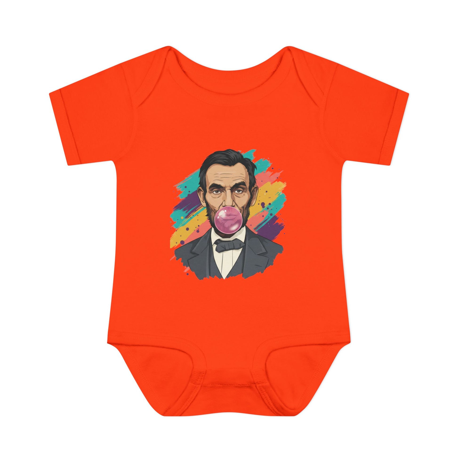 Orange baby onesie with a colorful graphic of a historical figure on a white background