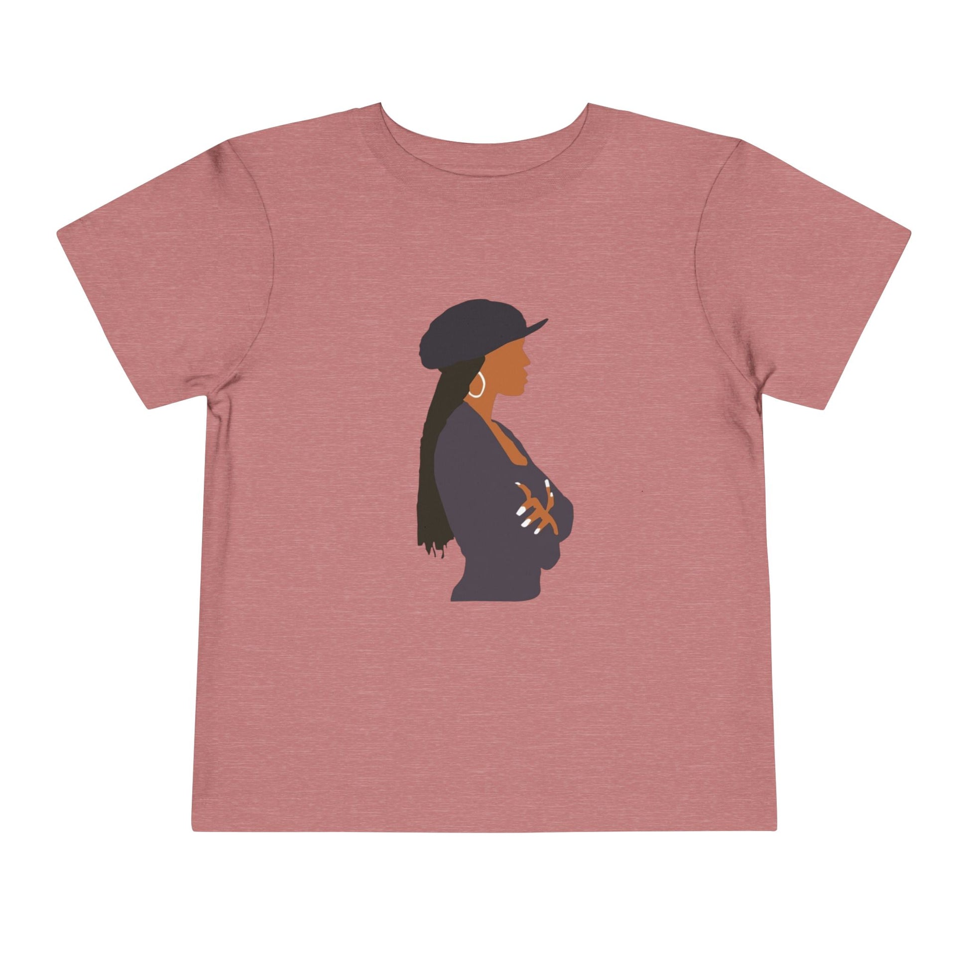 Pink t-shirt with a silhouette of a person wearing a hat on a white background