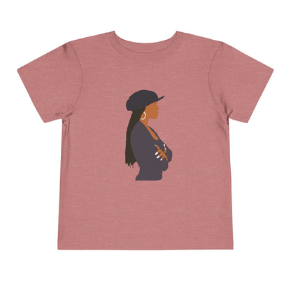 Pink t-shirt with a silhouette of a person wearing a hat on a white background