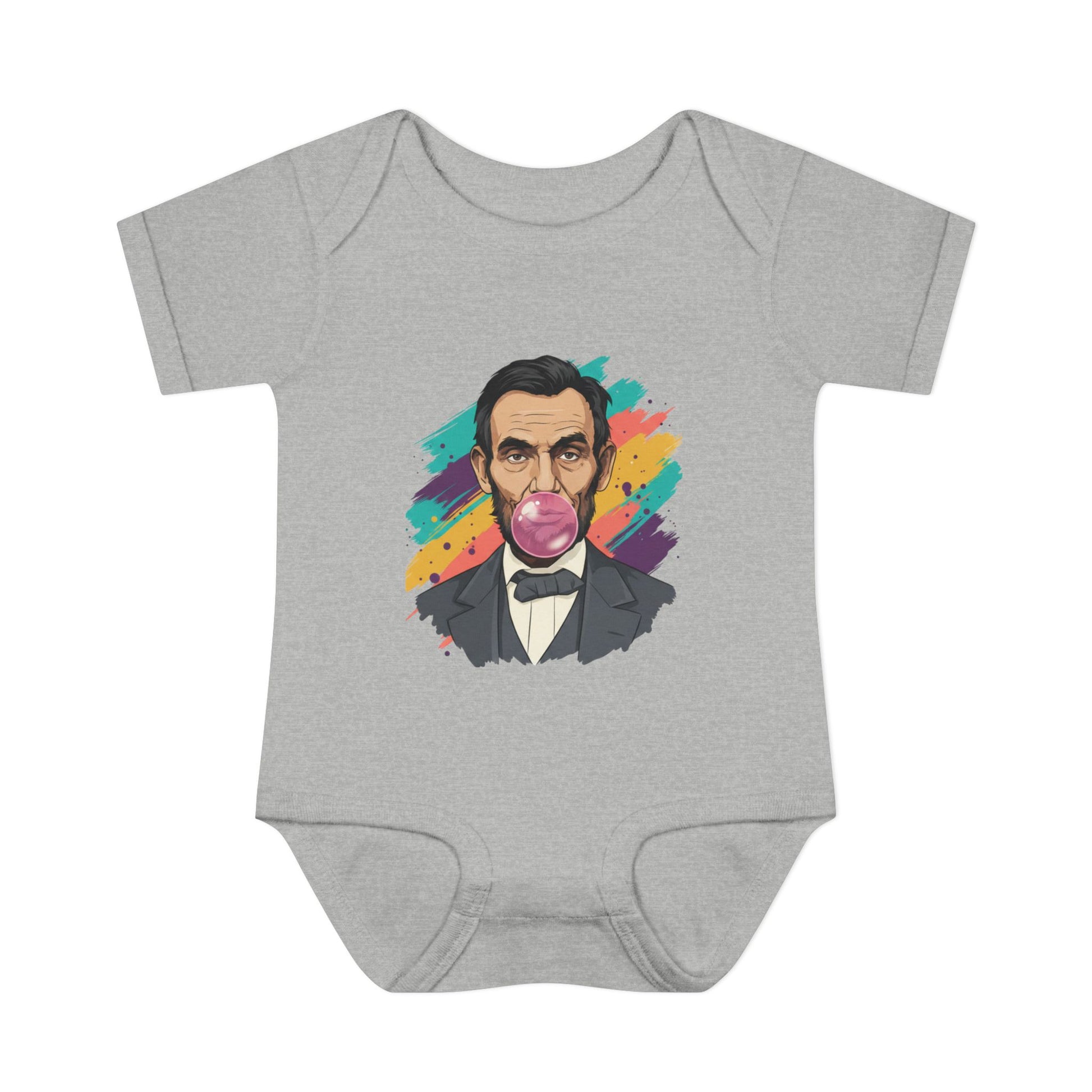 Gray baby onesie with a colorful graphic of a historical figure on a white background
