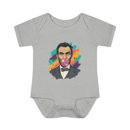 Gray baby onesie with a colorful graphic of a historical figure on a white background
