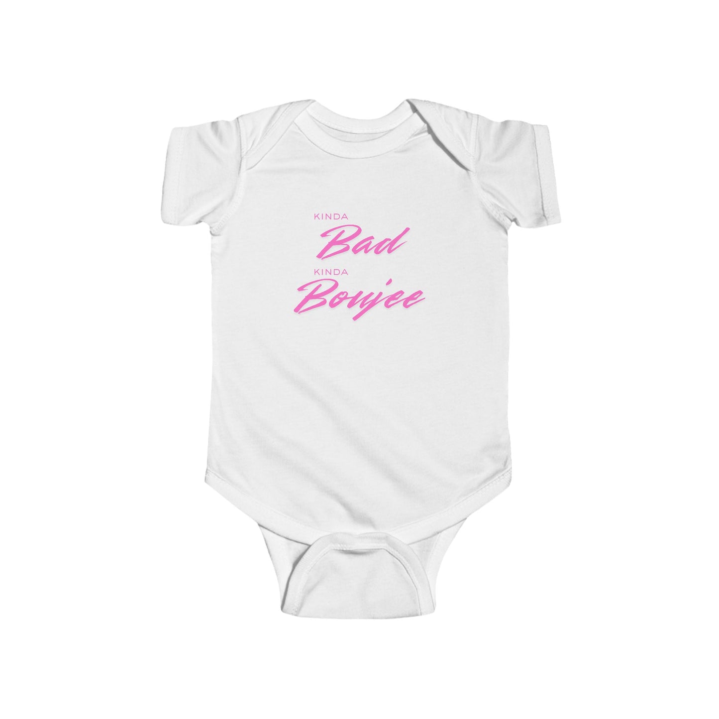 White baby onesie with pink text on a white background