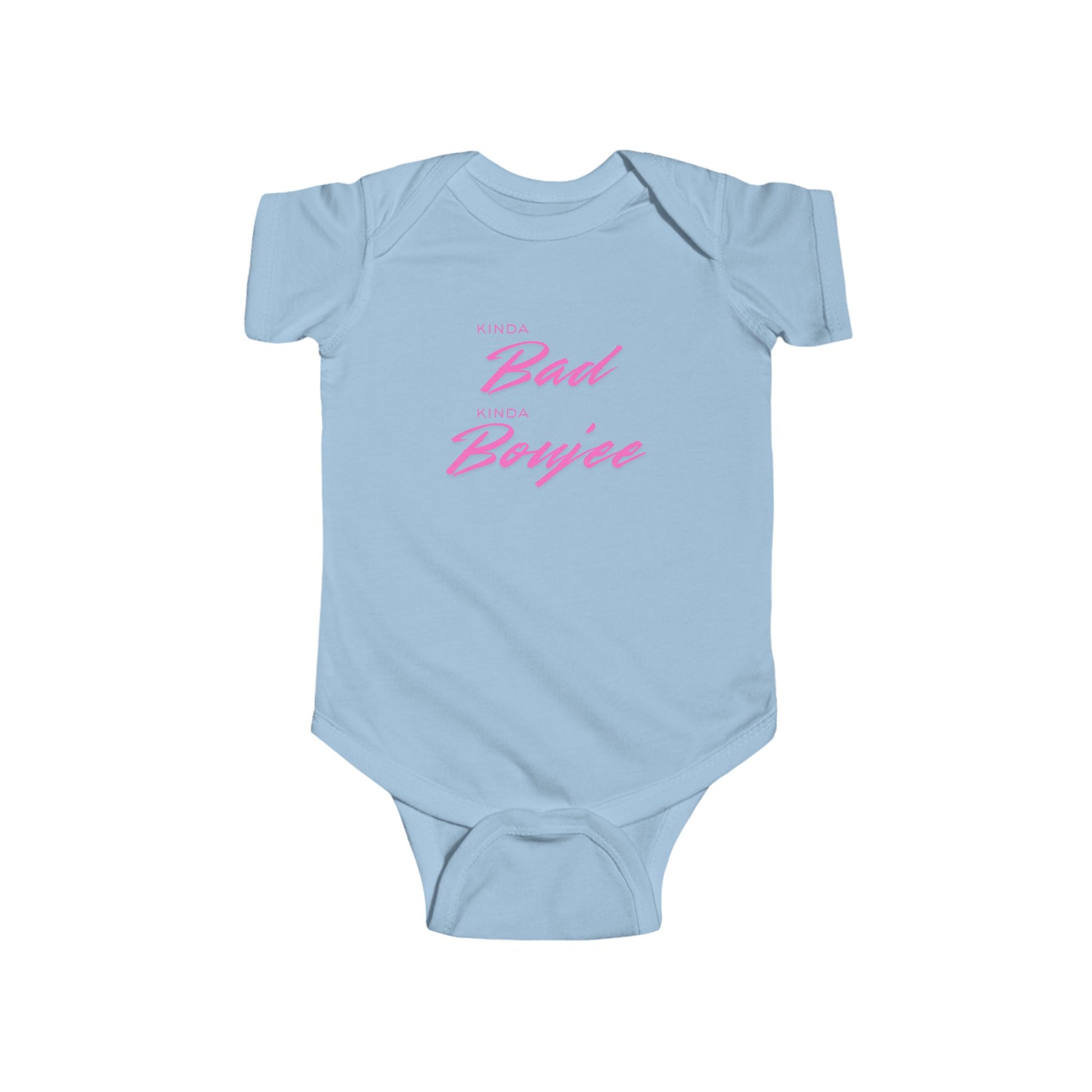 Light blue baby onesie with pink text on a white background