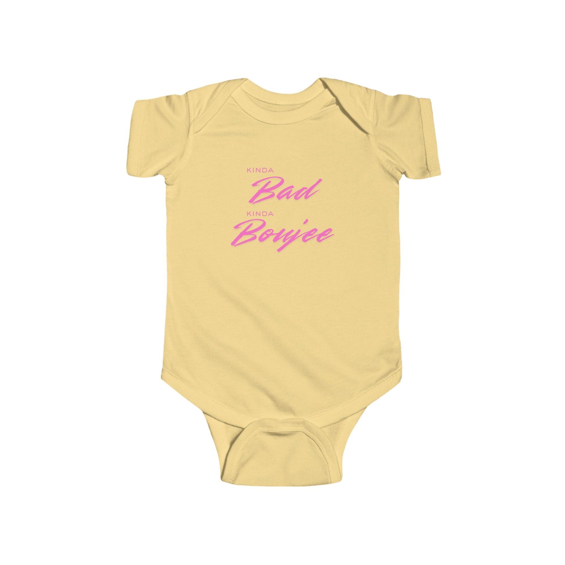 Yellow baby onesie with pink text on a white background