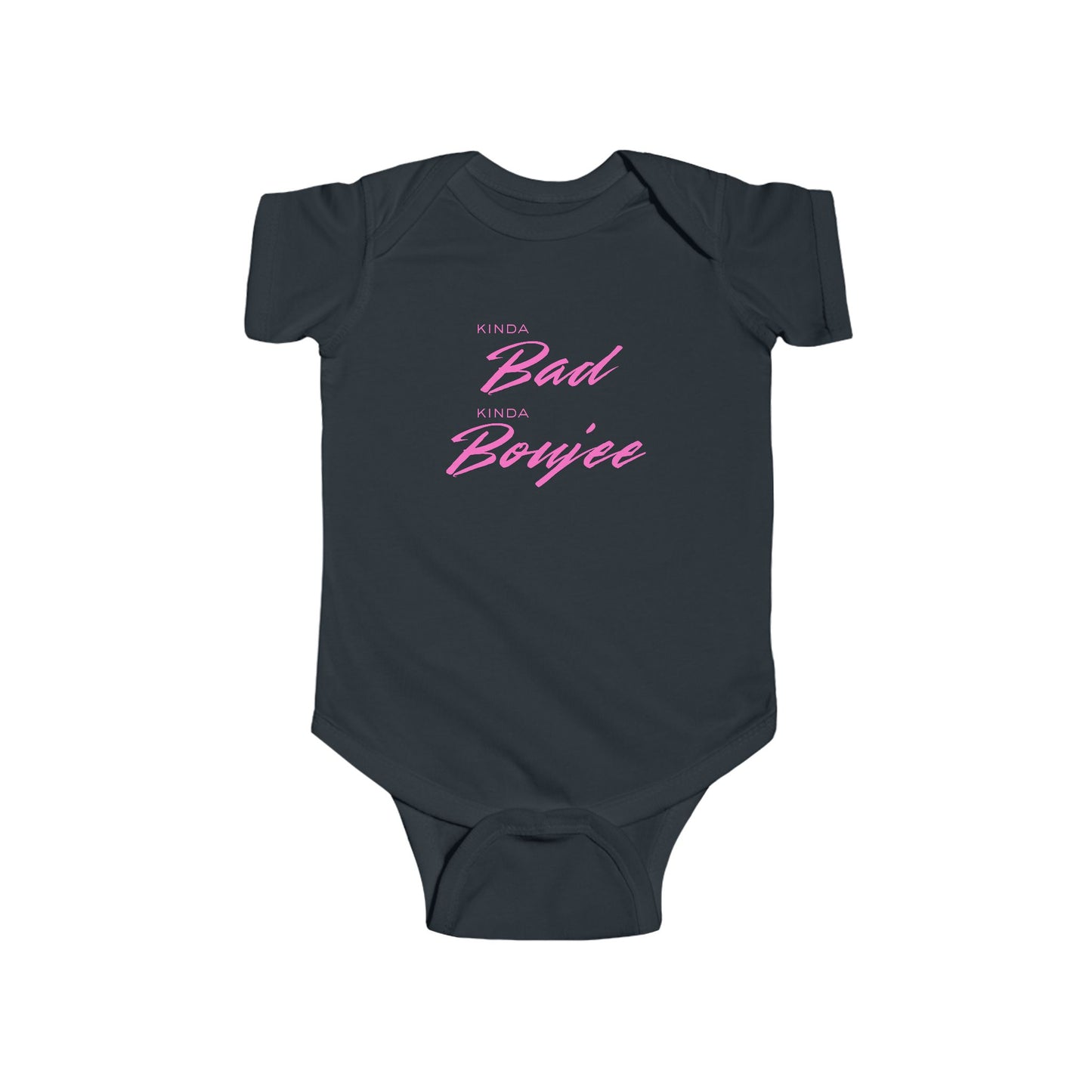 Navy blue baby onesie with pink text on a white background