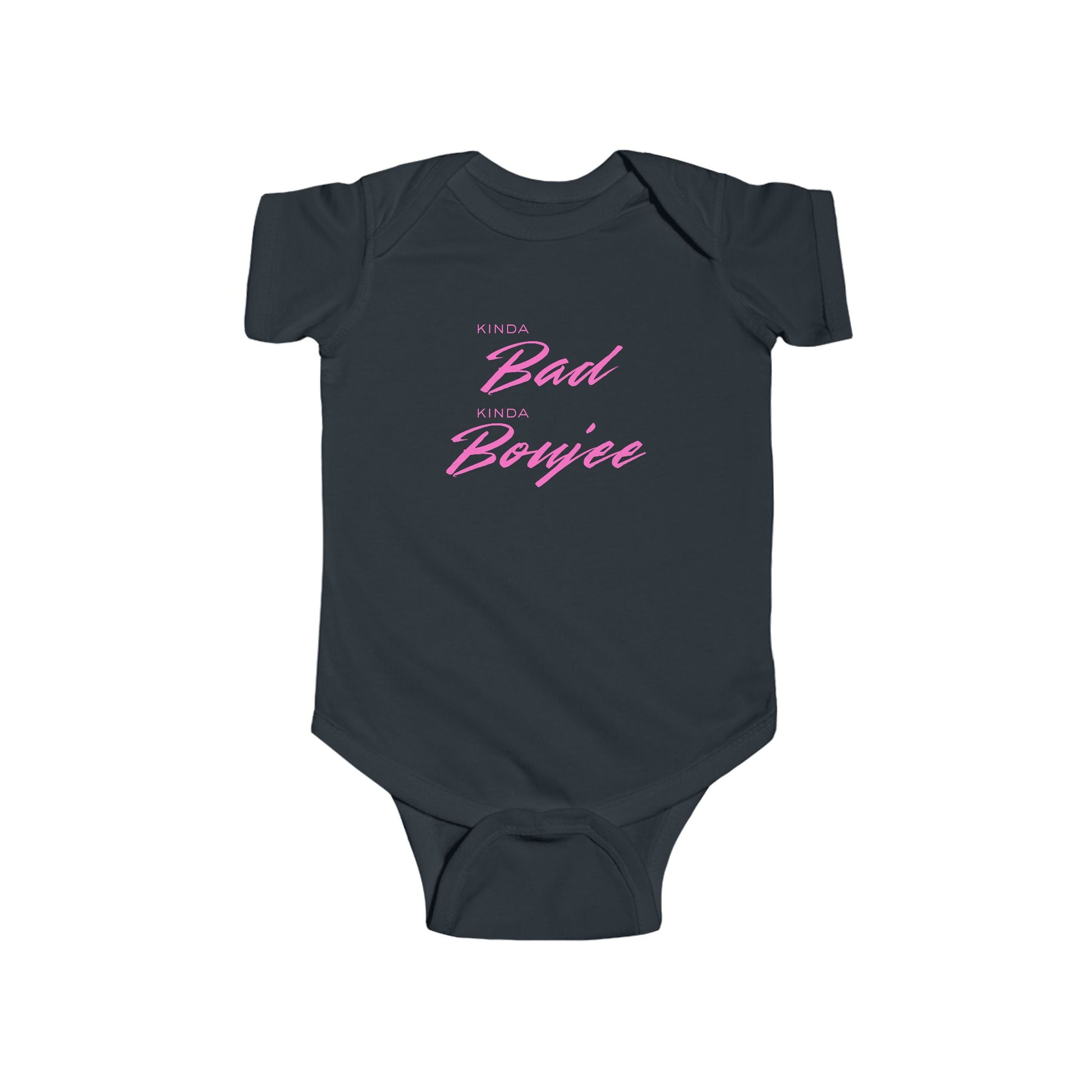 Navy blue baby onesie with pink text on a white background