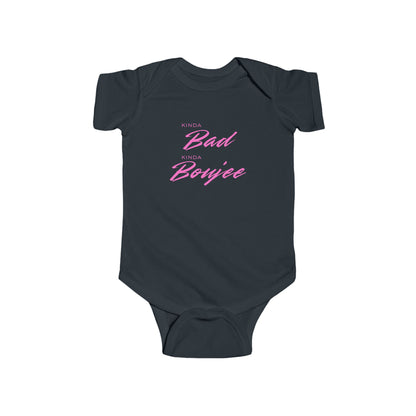 Navy blue baby onesie with pink text on a white background