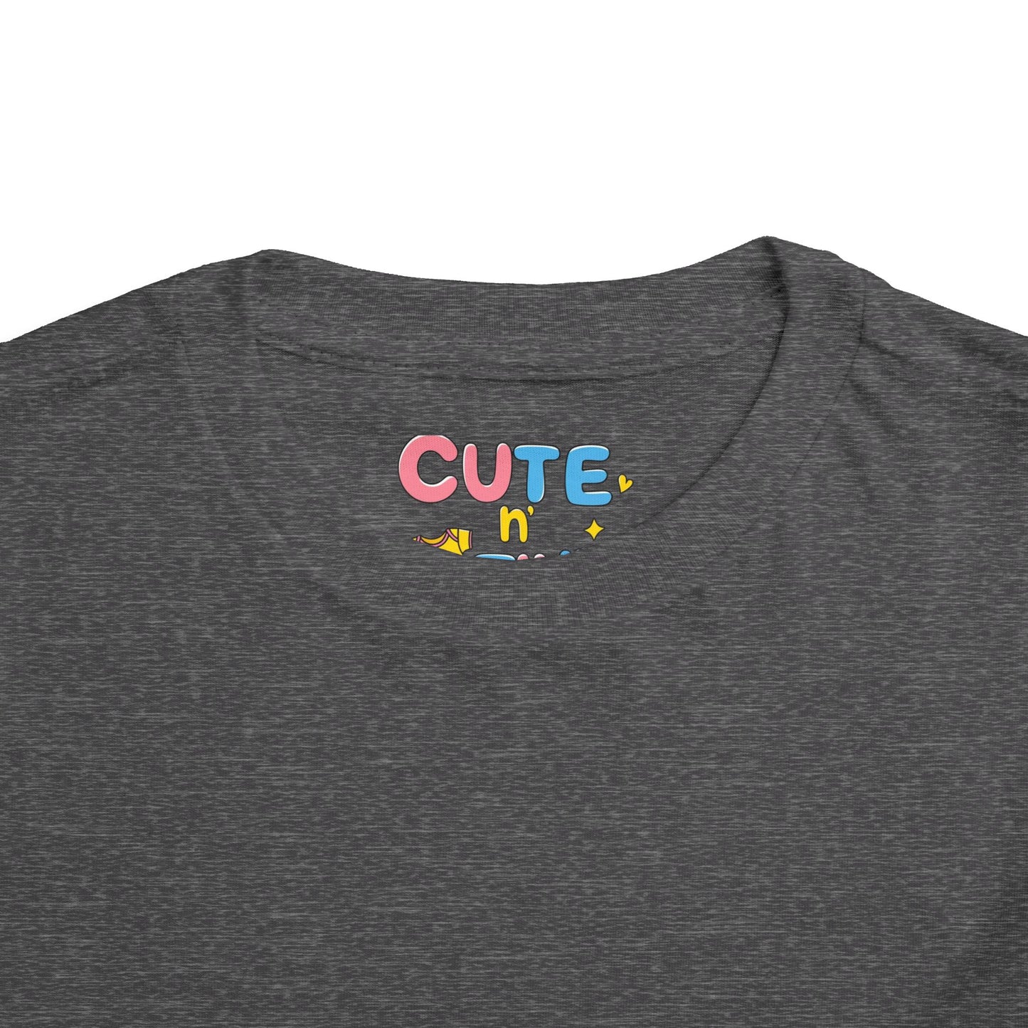 Gray t-shirt with colorful 'CUTE n' text on a white background