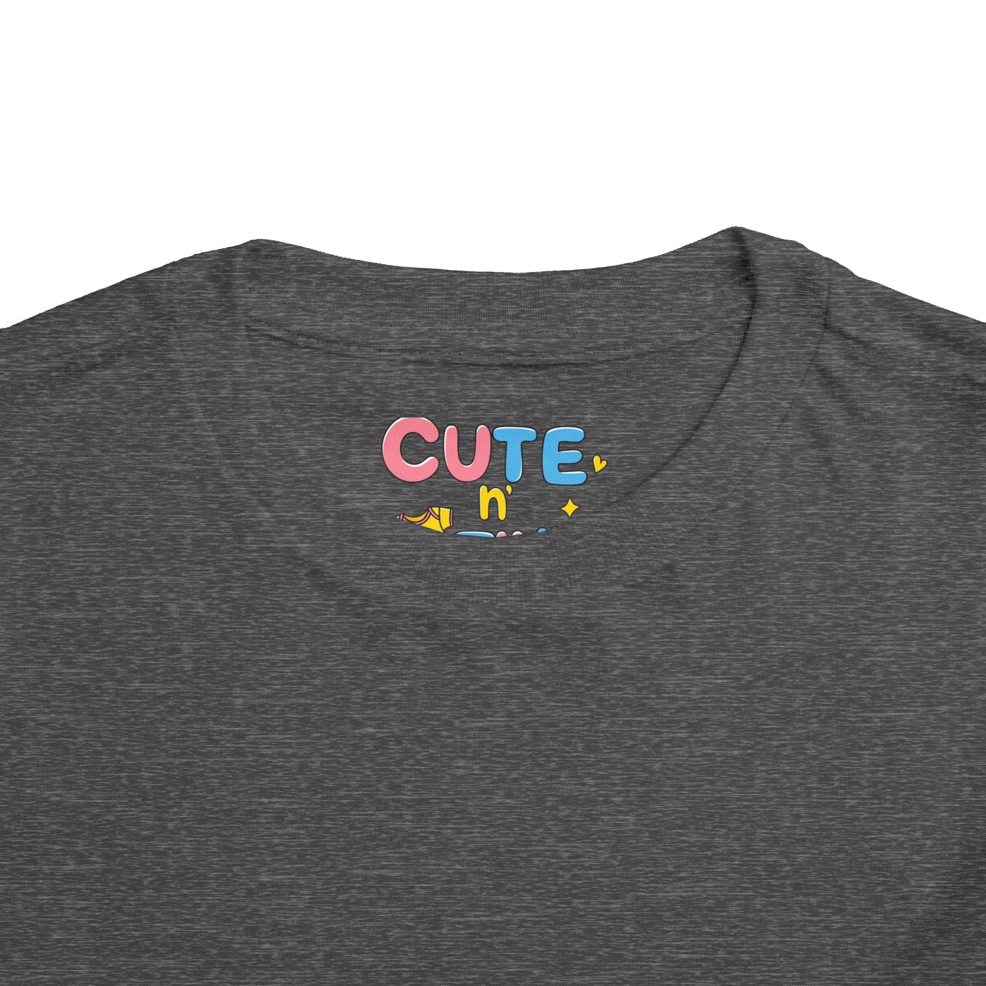 Gray t-shirt with colorful 'CUTE n' text on a white background