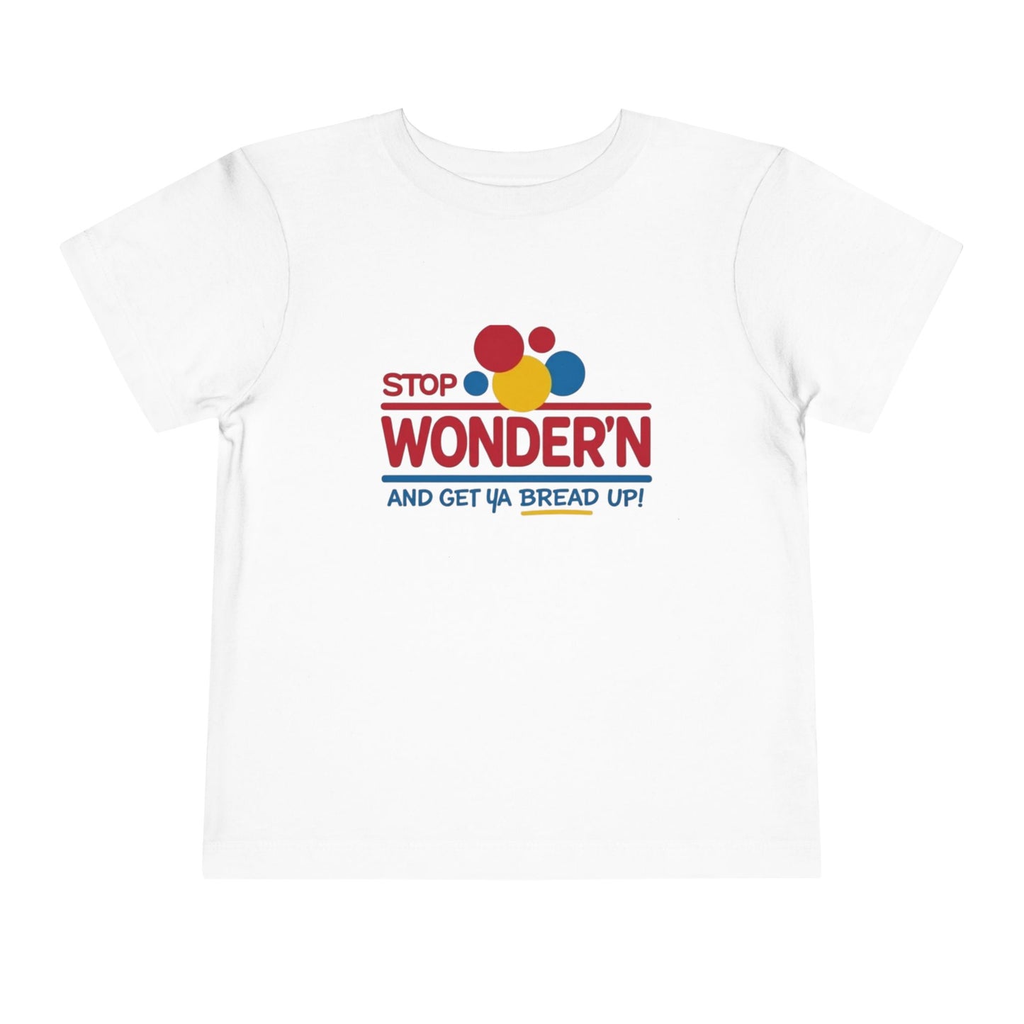 White t-shirt with colorful text design on a white background