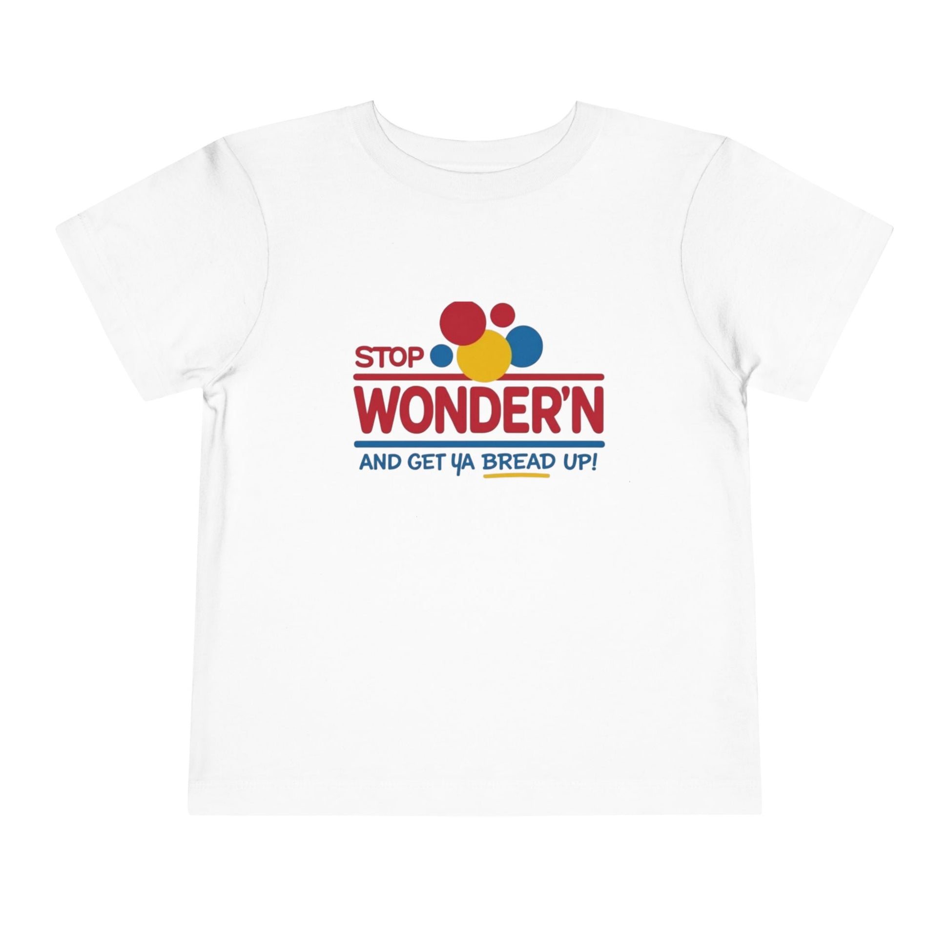 White t-shirt with colorful text design on a white background