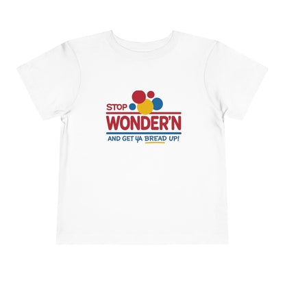 White t-shirt with colorful text design on a white background