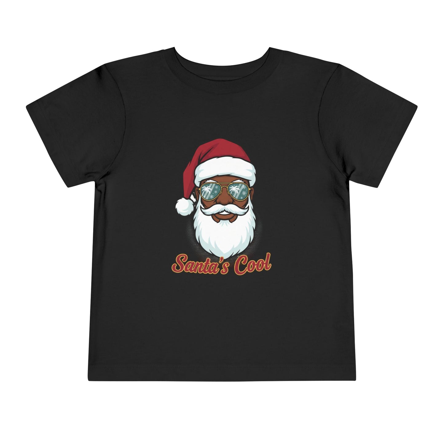Black t-shirt with a graphic of a Santa Claus face wearing sunglasses and 'Santa's Cool' text on a white background.