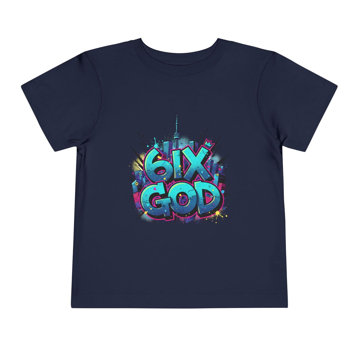Navy blue t-shirt with colorful '6ix God' graphic design on a white background