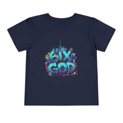 Navy blue t-shirt with colorful '6ix God' graphic design on a white background
