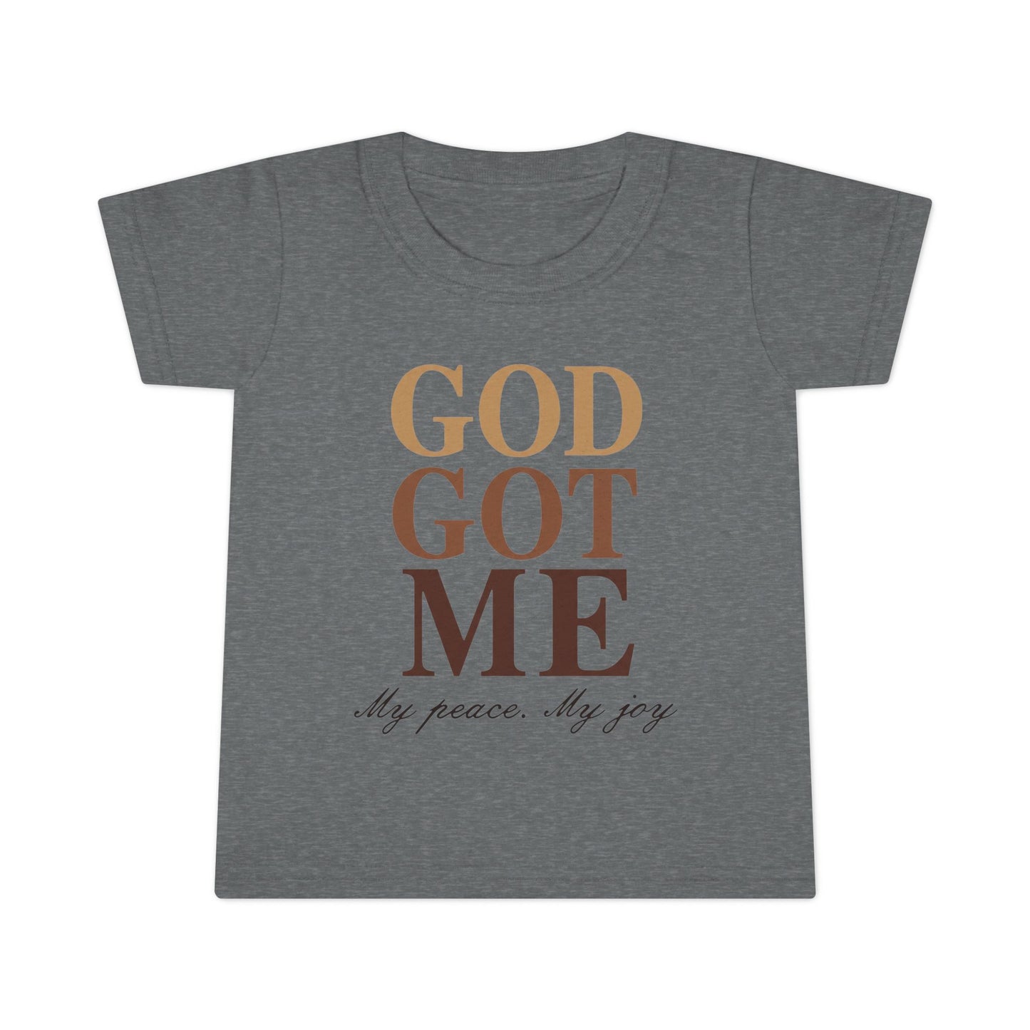 Gray t-shirt with 'GOD GOT ME' text in brown on a white background