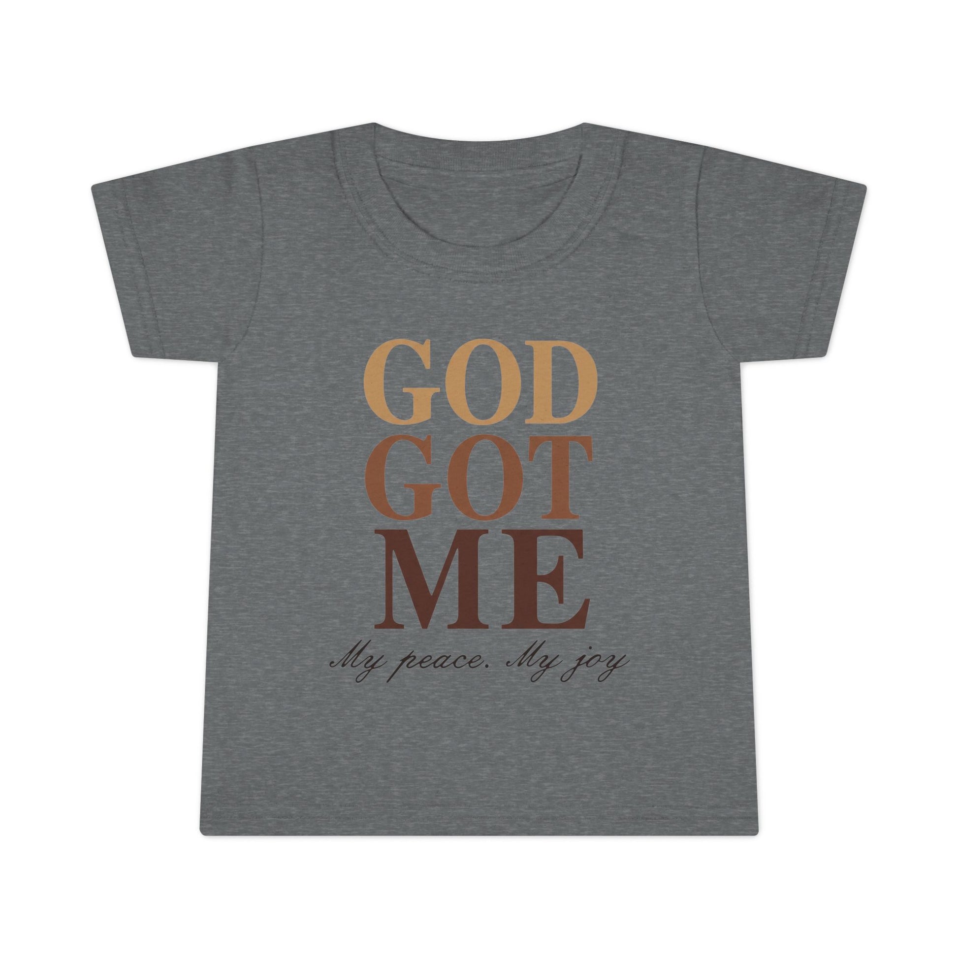 Gray t-shirt with 'GOD GOT ME' text in brown on a white background