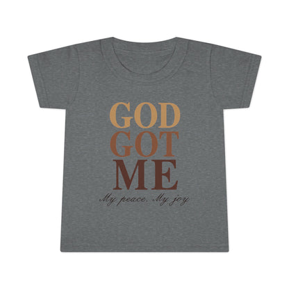 Gray t-shirt with 'GOD GOT ME' text in brown on a white background