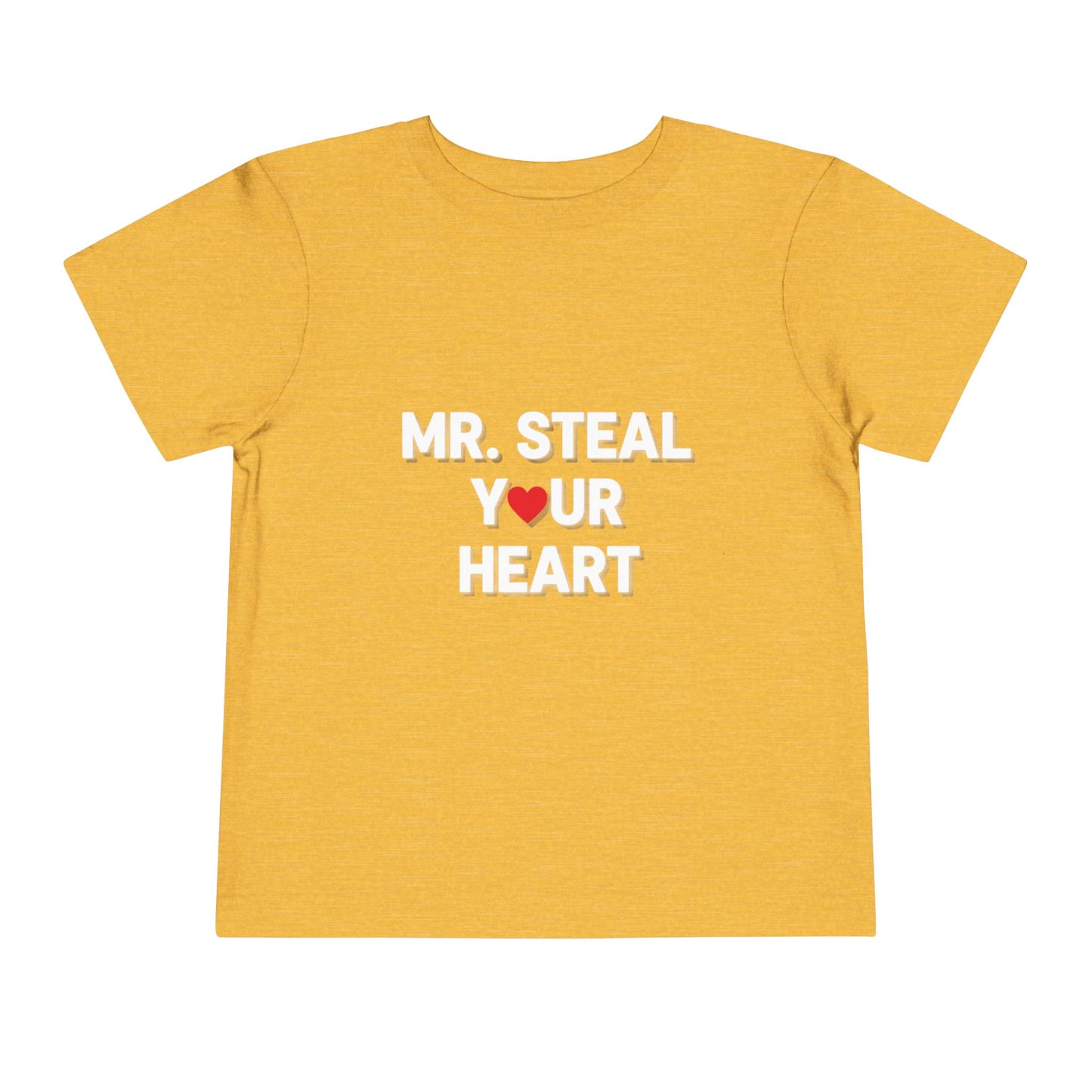 Yellow t-shirt with 'MR. STEAL YOUR HEART' text and red heart on a white background
