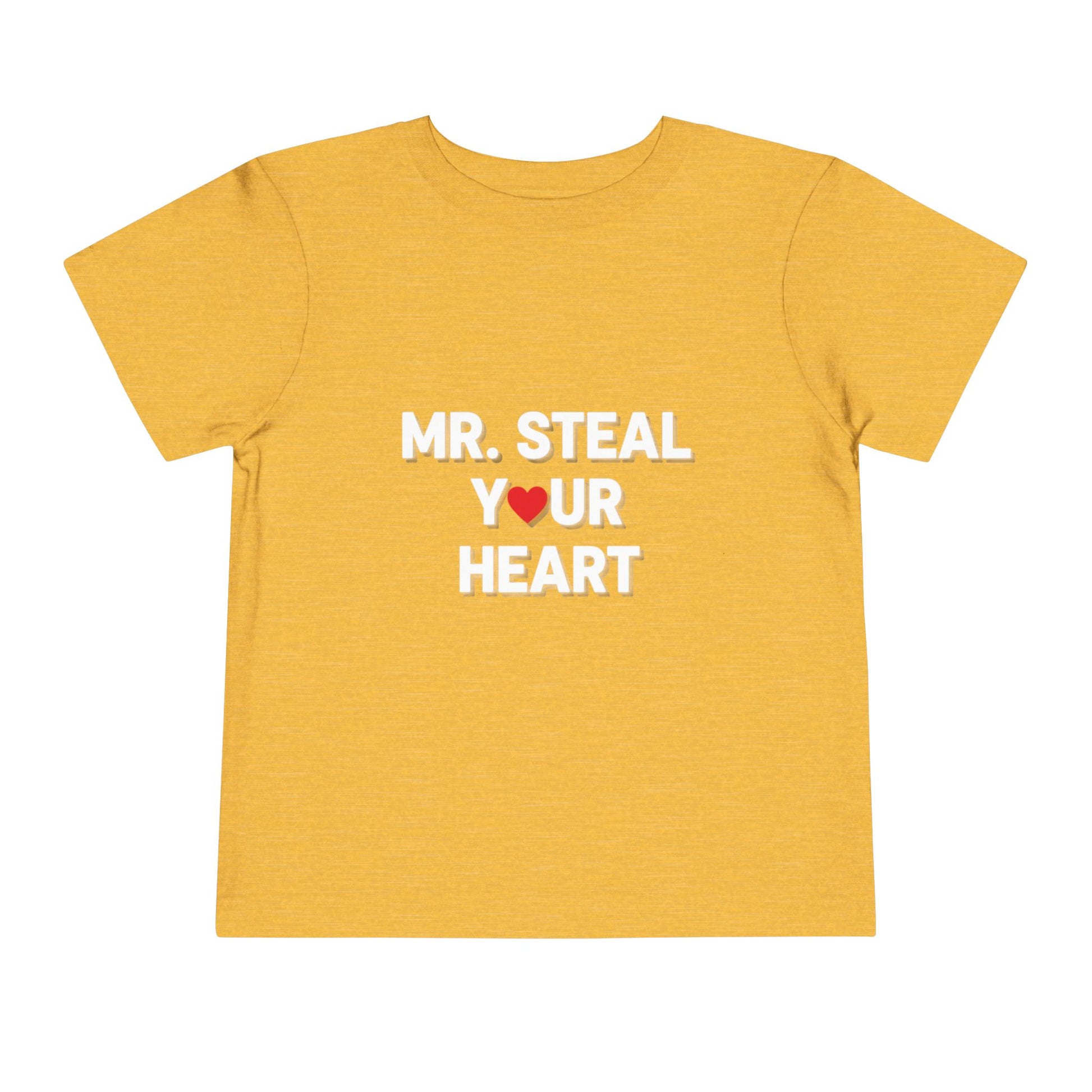 Yellow t-shirt with 'MR. STEAL YOUR HEART' text and red heart on a white background