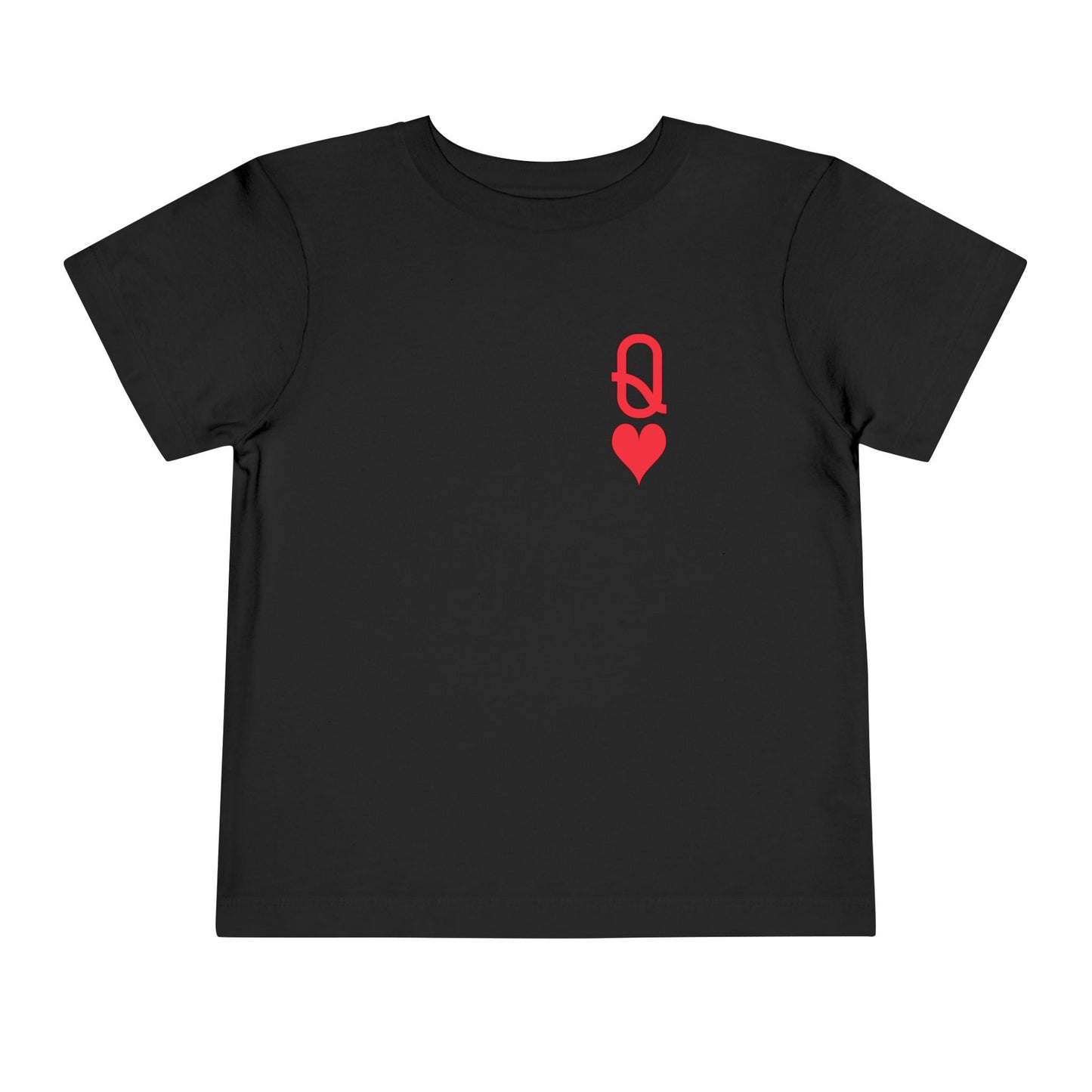 Black t-shirt with a red heart and chain design on a white background