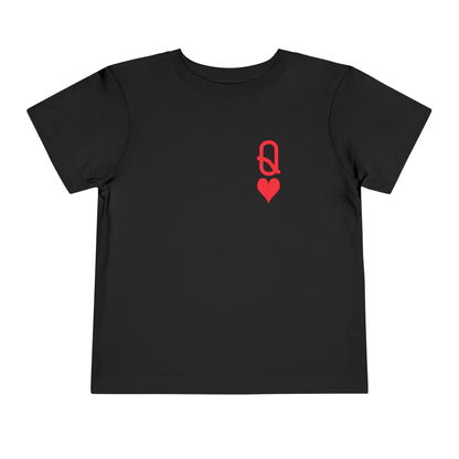 Black t-shirt with a red heart and chain design on a white background
