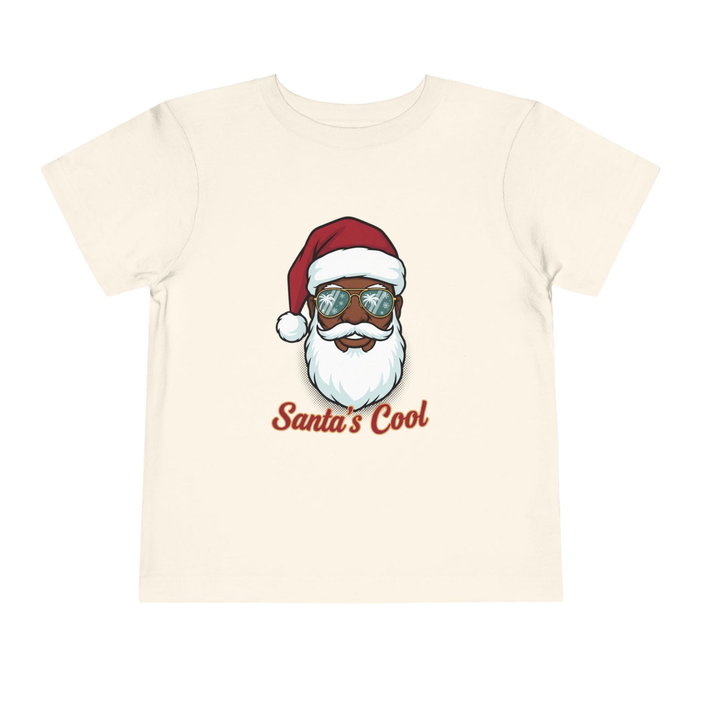 Beige t-shirt with a graphic of a Santa Claus face wearing sunglasses and the text 'Santa's Cool' on a white background.