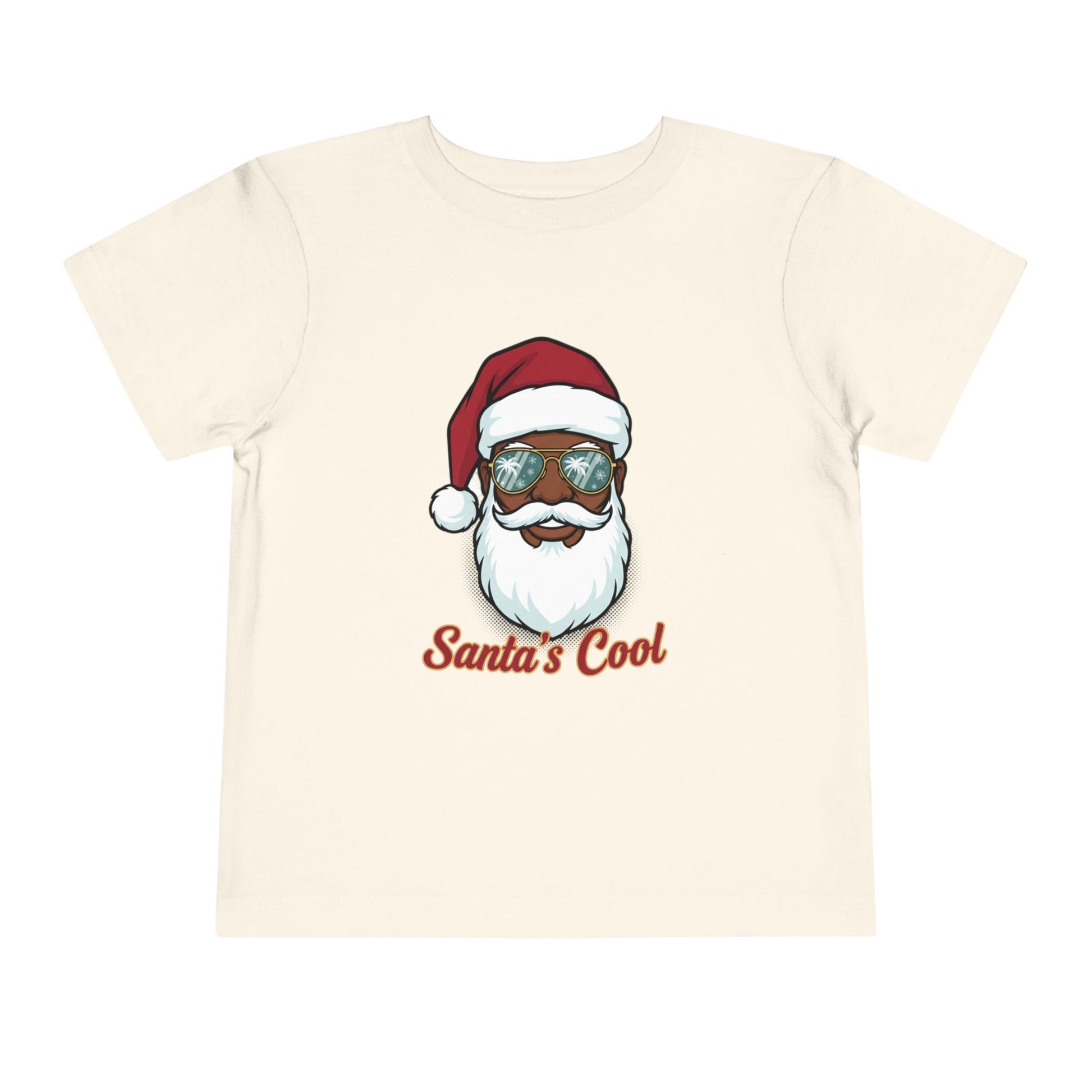 Beige t-shirt with a graphic of a Santa Claus face wearing sunglasses and the text 'Santa's Cool' on a white background.