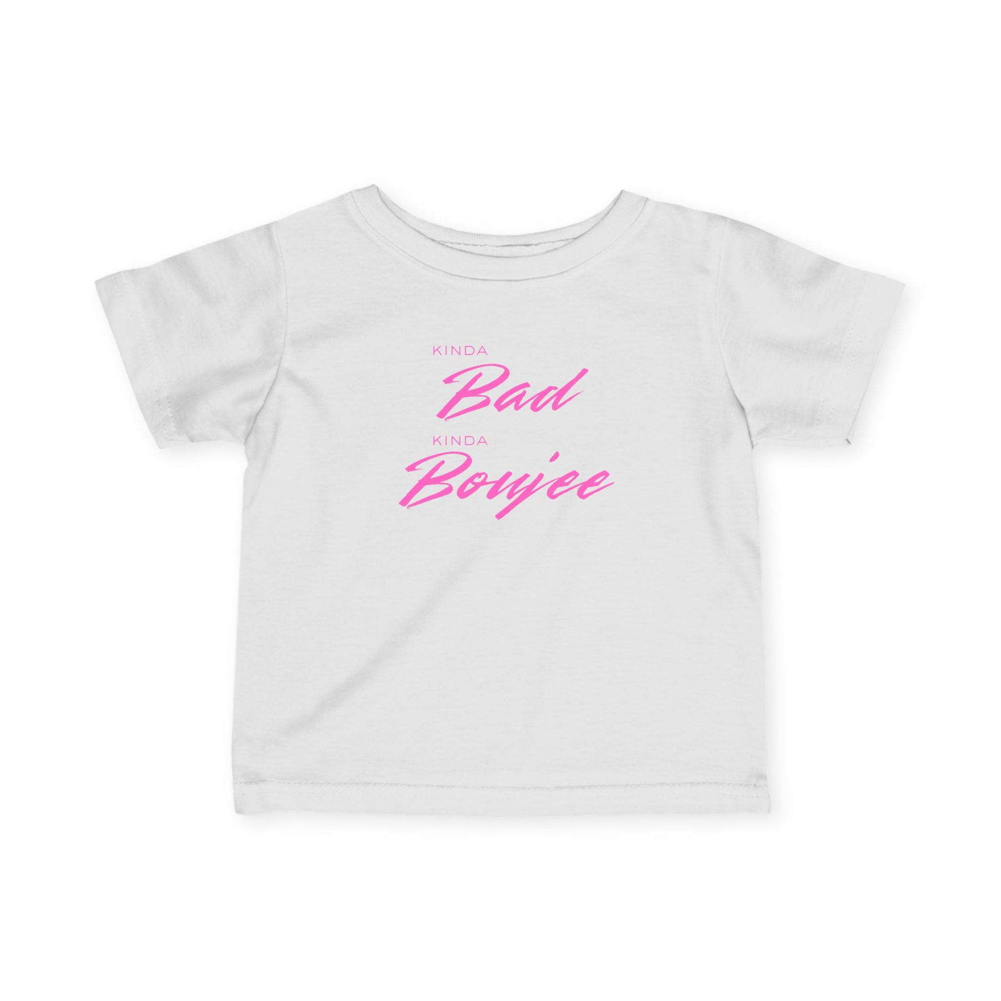 White t-shirt with pink text on a white background