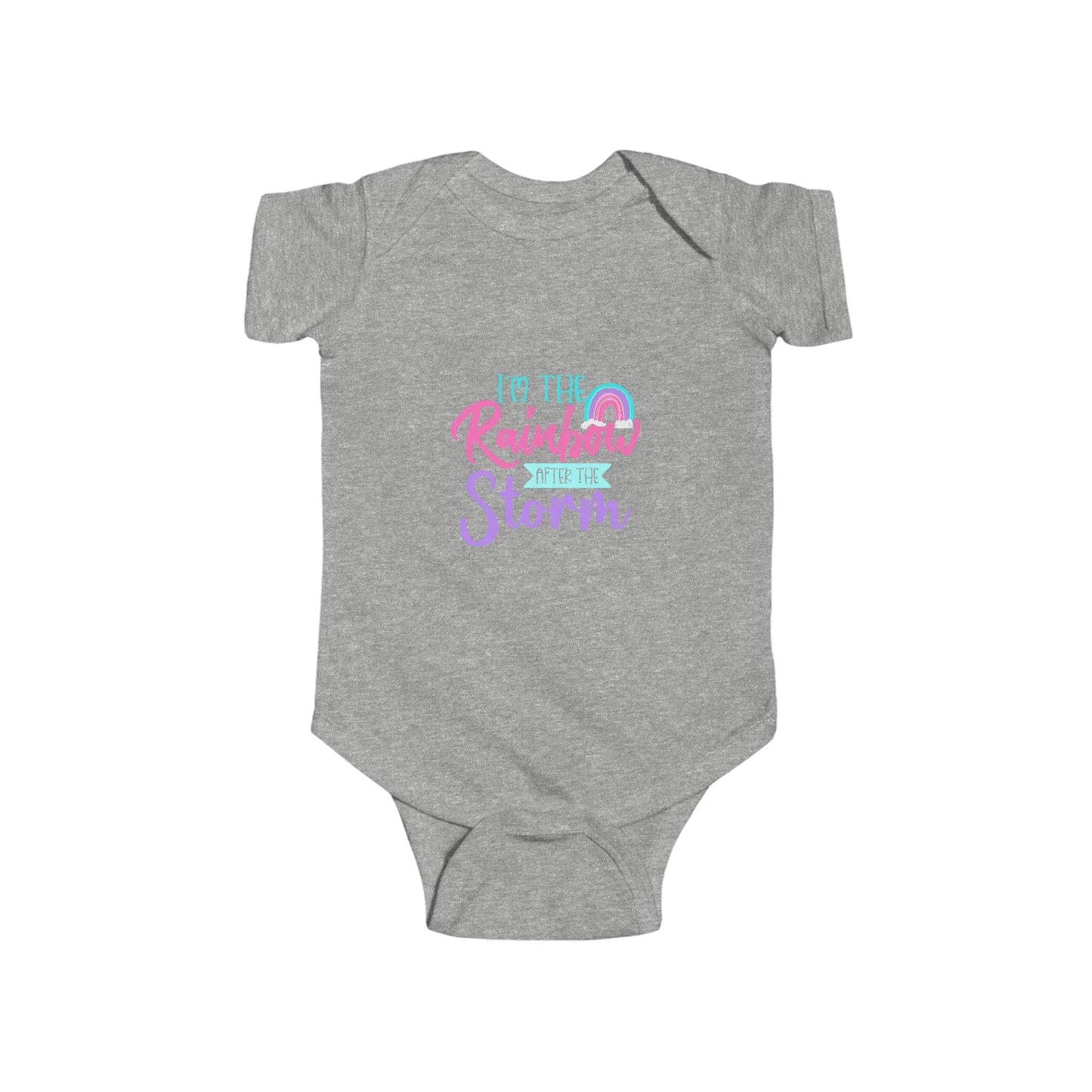 Gray baby onesie with colorful text design on a white background