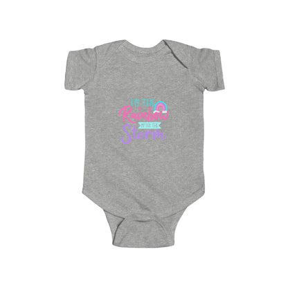 Gray baby onesie with colorful text design on a white background
