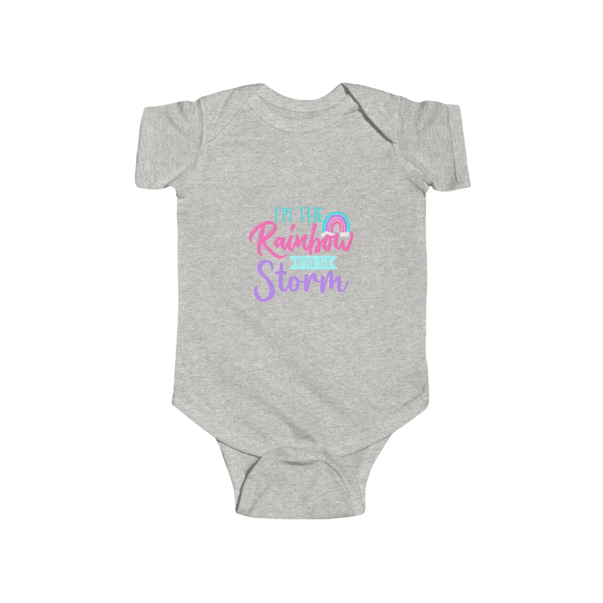 Gray baby onesie with colorful text design on a white background