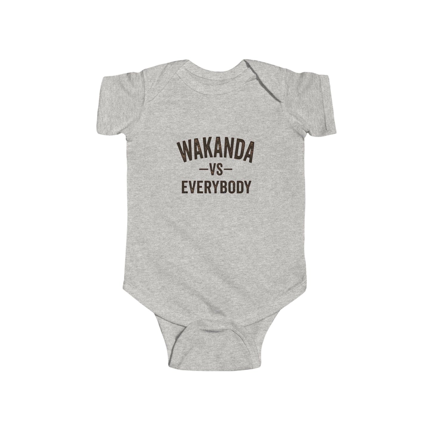 Gray baby onesie with 'Wakanda vs Everybody' text on a white background