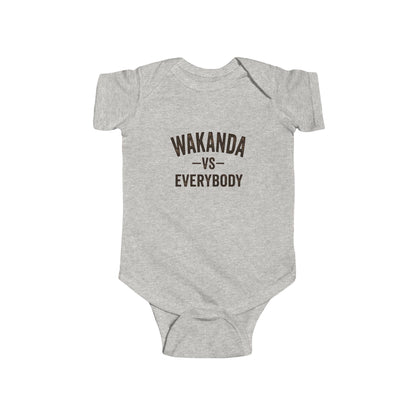 Gray baby onesie with 'Wakanda vs Everybody' text on a white background
