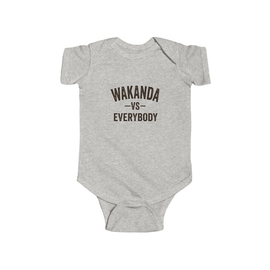 White baby onesie with 'Wakanda vs Everybody' text on a white background