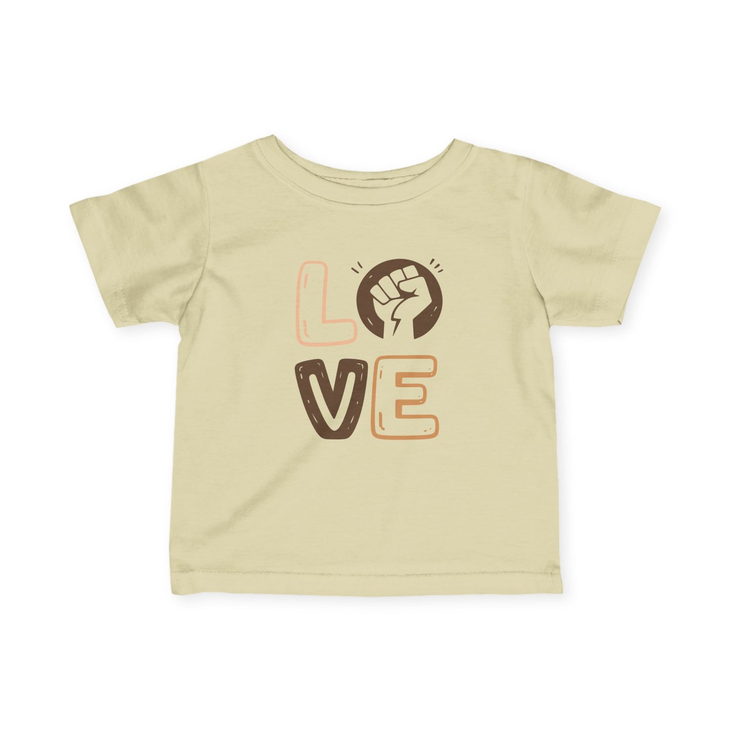 Beige t-shirt with 'LOVE' and a fist graphic on a white background