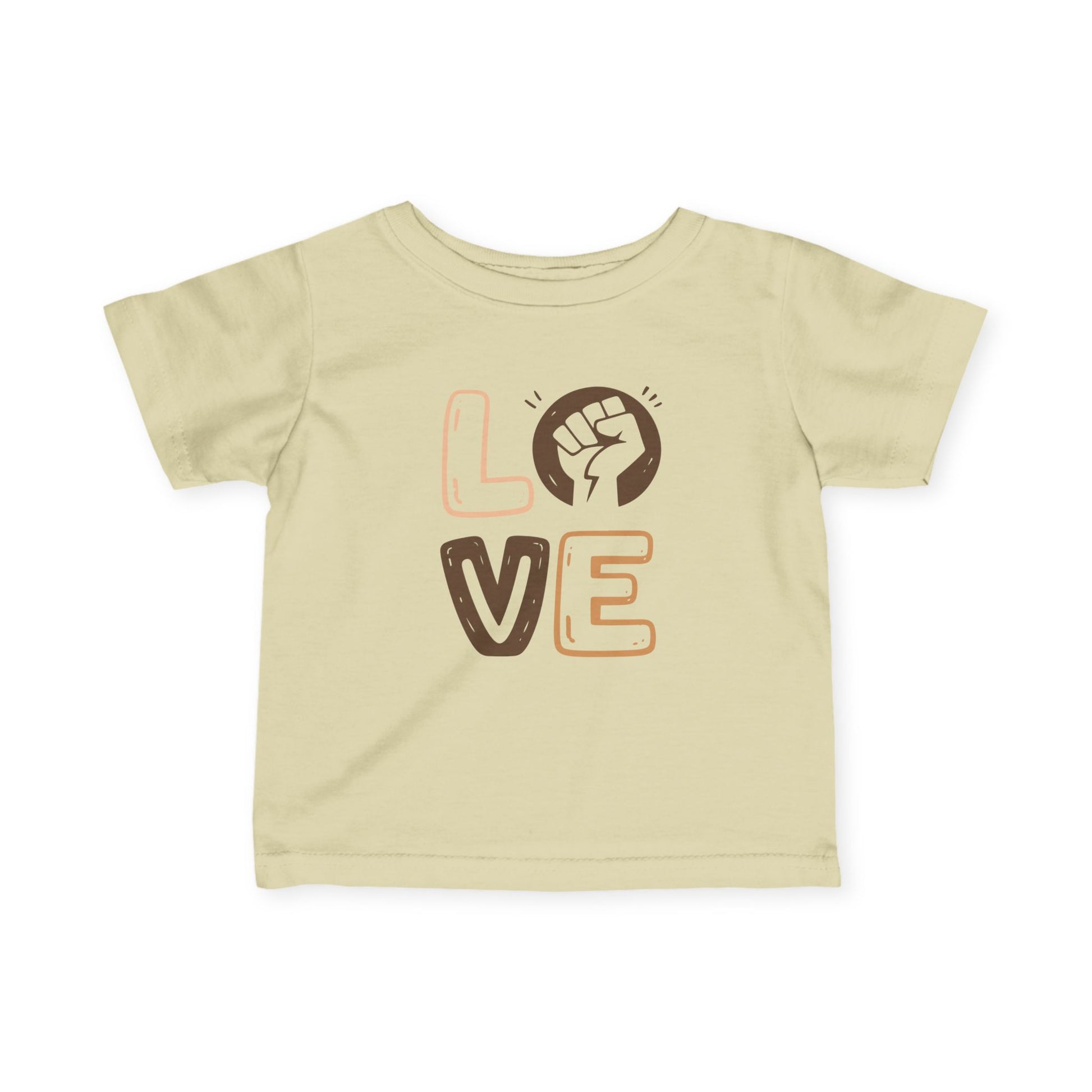 Beige t-shirt with 'LOVE' and a fist graphic on a white background