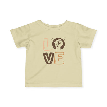 Beige t-shirt with 'LOVE' and a fist graphic on a white background