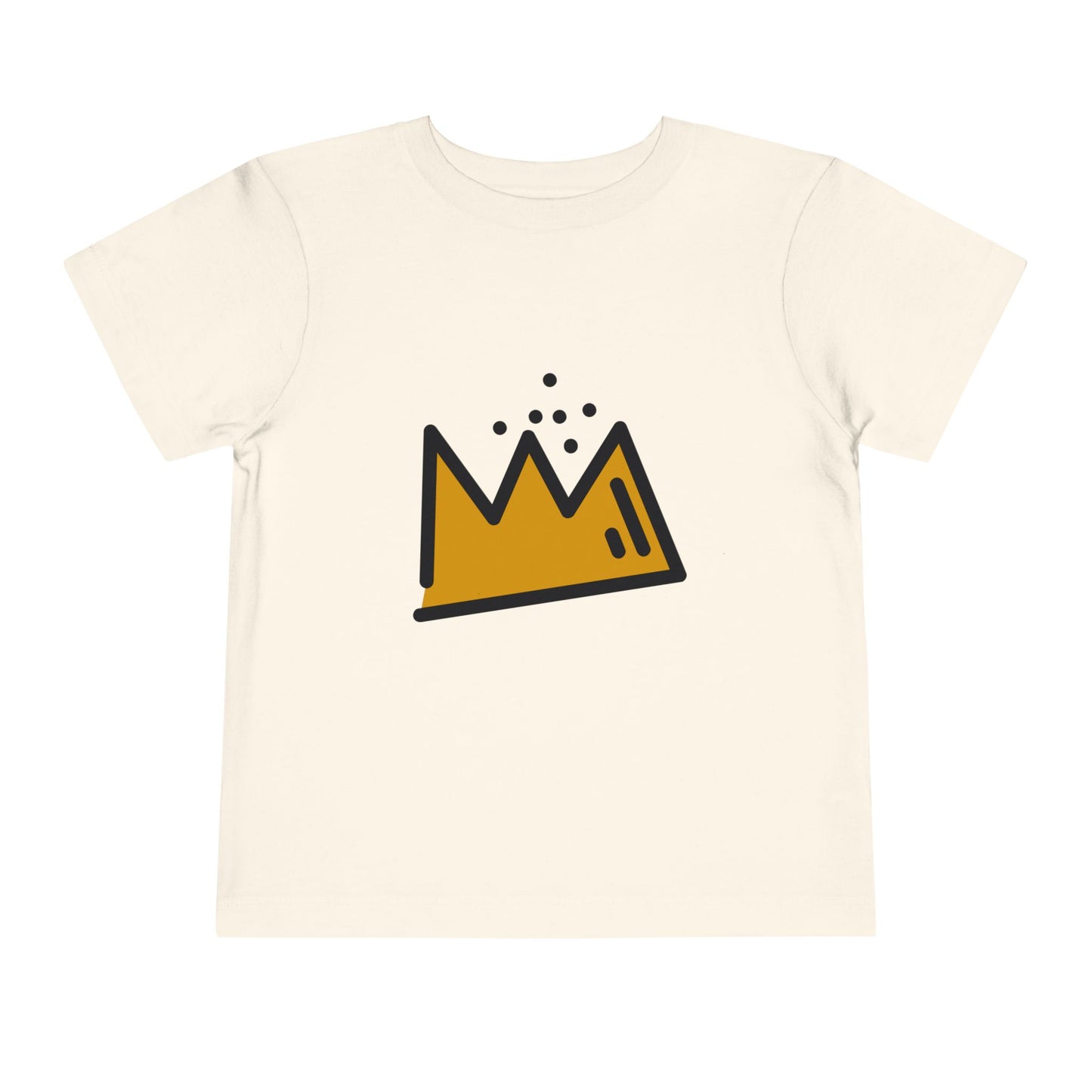 Beige t-shirt with a black and gold crown design on a white background