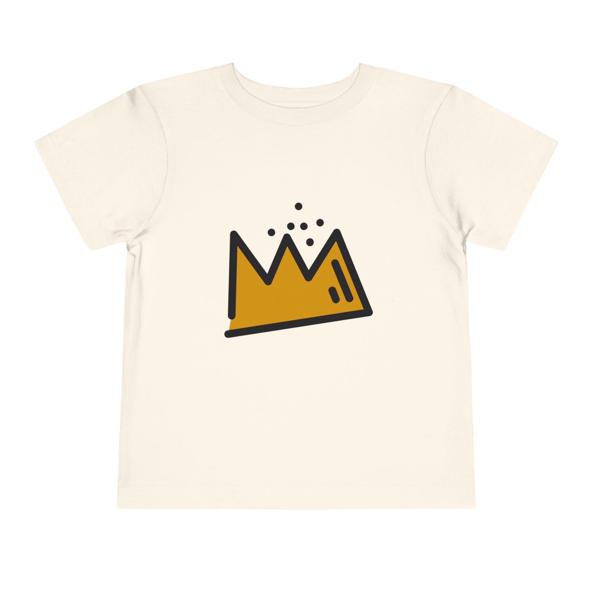 Beige t-shirt with a black and gold crown design on a white background